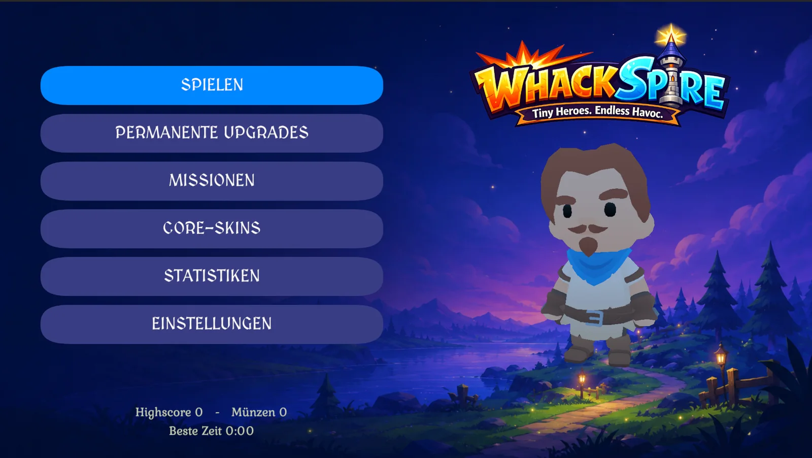 Whack Spire Hauptmenü mit Spielfigur und Menüpunkten