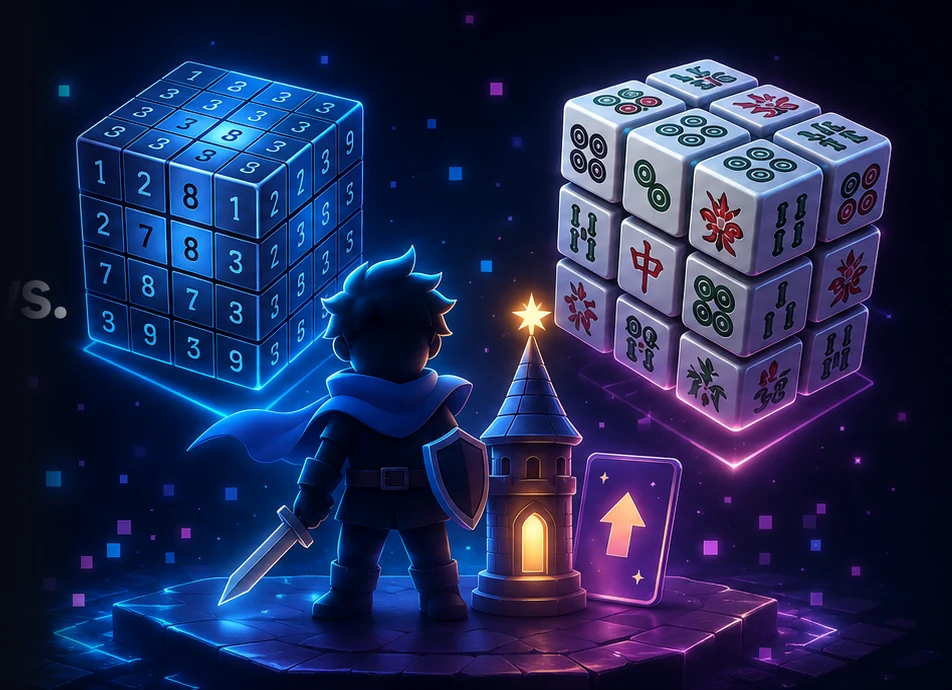 Universo estilizado de Becker Byte Games con un cubo Sudoku, un cubo Mahjong y un héroe de fantasía inspirado en Whack Spire